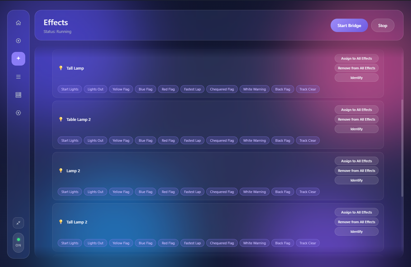 Light assignment page showing per-light effect chip selection