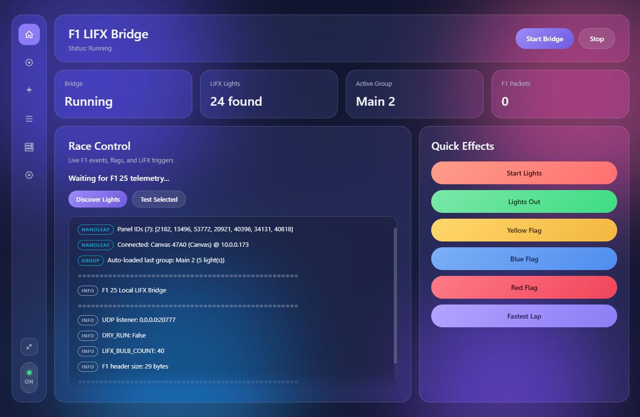 F1 LIFX Bridge dashboard showing bridge status, discovered lights, race control log and quick effect buttons