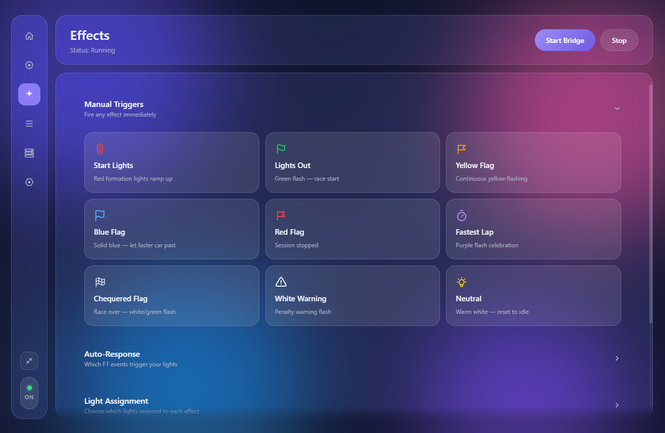 Effects page showing per-event toggles for all race flags