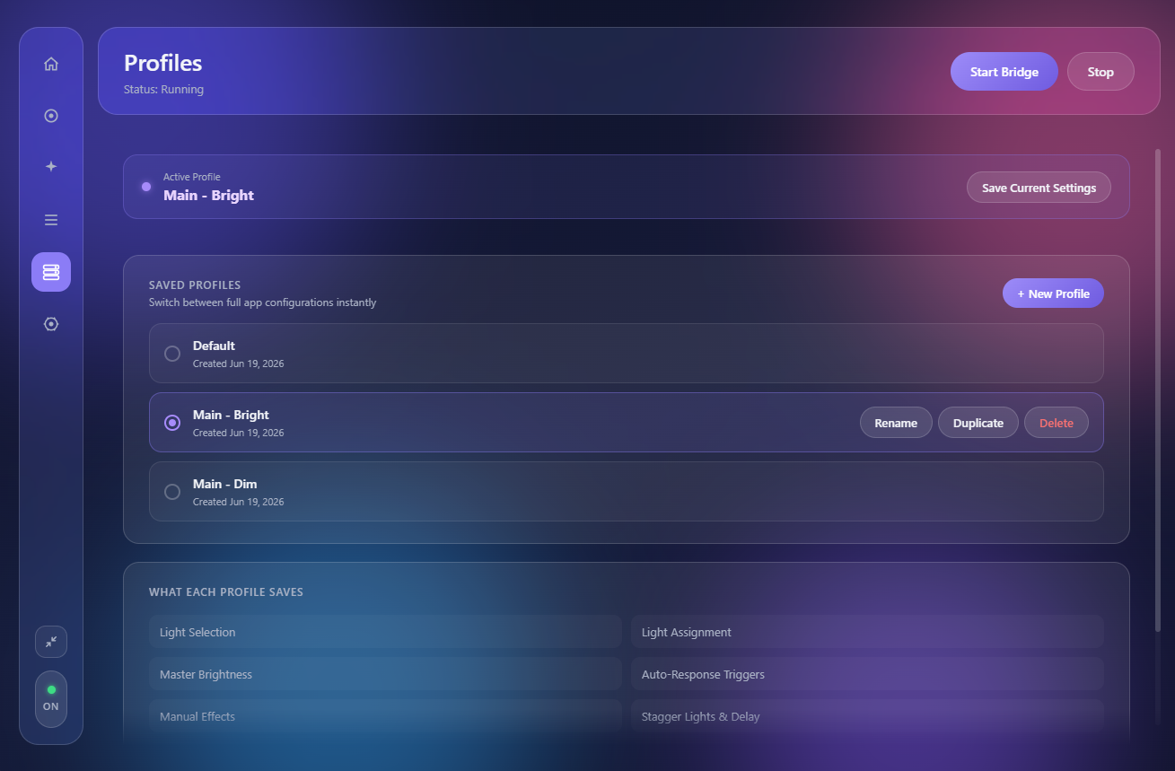 Profiles page showing saved configurations